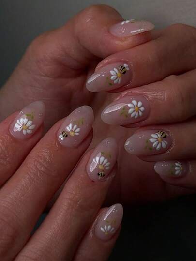 24 Pieces Almond-Shaped Pressing Nails, Suitable For Spring And Summer, Simple White Flower Bee Pattern Design. Almond-Shaped Fake Nails, Nail Art Supplies, Acrylic Nail Stickers, Fully Cover The Nails. Suitable For Women's Dates, Daily Use, Parties, Outings, Etc. Occasions. Add Your Color.