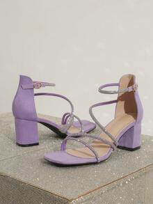 水钻装饰方头粗跟高跟凉鞋，优雅高贵，适合宴会和派对，时尚百搭，春夏装扮之选。 - 紫丁香色 - 查看 7