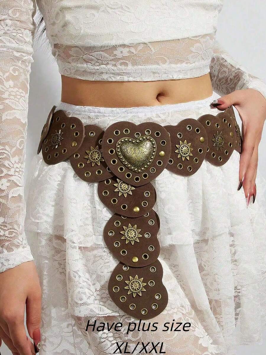 Bohemian Brown Suede Retro Heart Shaped Waist Belt, Y2K Girl Waist Belt, BOHO Heart Patchwork Rivet Decor Western Style Vintage Music Festival Belt Accessory, Suitable For Skirts, Music Festivals, Parties, Valentine's Day, XL/XXL Plus Size - Brown - View 1