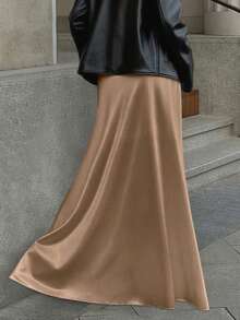 Falda de línea A de punto brillante de unicolor elegante y casual para mujer VIVINA, adecuada para uso diario, citas, salidas, looks de aeropuerto, invitados de boda, viajes de primavera y verano - Albaricoque - Ver 6