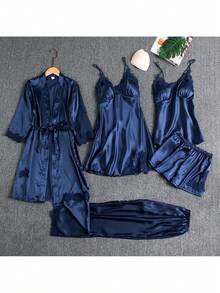 Five-Piece Set - Women's Summer Ice Silk Pajamas, Sexy And Hot, Adult Long-Sleeved Thin Women's Bathrobes For Spring And Autumn, Five-Piece Set, Multi-Color - Bộ sâm panh năm món - Xem 6