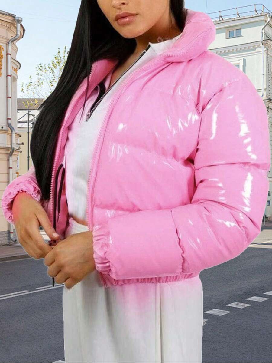 Women's Winter Stand Collar Cropped Coat,Shiny PU Puffer Jacket, Quilted Oversized Padded Outerwear For Street Style - Pink - View 1