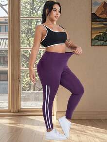 大码女式高腰显瘦瑜伽裤，白色侧条纹装饰，带口袋，休闲运动跑步紧身裤，春季款 - Bold Plum - 查看 8