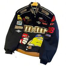 Chaqueta de motocicleta de carreras bordada con frijoles MM, ropa de béisbol de algodón holgada y retro para hombres y mujeres, abrigo con cuello alto y grueso para parejas - Negro - Estilo primavera/otoño - Ver 1