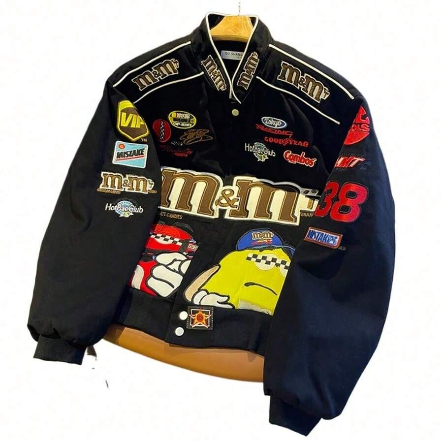 Chaqueta de motocicleta de carreras bordada con frijoles MM, ropa de béisbol de algodón holgada y retro para hombres y mujeres, abrigo con cuello alto y grueso para parejas - Negro - Estilo primavera/otoño - Ver 1