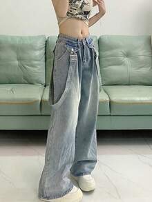 可拆卸吊带高腰宽松喇叭牛仔裤，复古独特休闲春季款 - 淺色水洗藍 - 查看 4