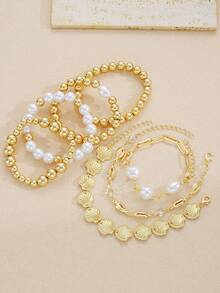 7件套复古优雅波西米亚风首饰套装，海洋风仿珍珠、心形、贝壳、扇形串珠手链，个性化简约高端叠戴手镯，女士夏季海滩派对约会礼物日常穿搭 - 彩色 - 查看 4