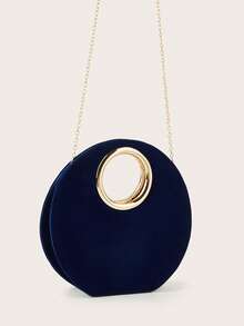 Navy Blue Women's Evening Bag, Fashion Elegant Metallic Handle, Velvet Round Clutch, Suitable For Evening Gown, Weddings, Galas, Parties, Includes Detachable Chain Strap - Navy Blue - View 5