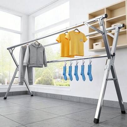 ANANXING 伸縮式 物干し竿 折りたたみ式 屋外用耐風設計 防風フック20個付き 超耐荷重 長さ調節可能 無組立 布団干し/洗濯物干し 省スペース 錆びない仕上げ