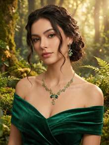 Fairy Core Green Gemstone Jewelry Set, Vintage Gold Floral Y-Necklace & Dangle Earrings, Elven Forest Wedding Prom Set,Classy,Festival - Multicolor - View 11