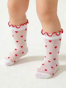 1双女婴爱心图案中筒袜，爱心元素儿童袜，适合0-2岁宝宝 - 白色 - 查看 4