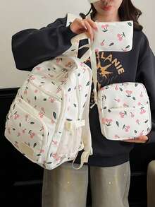 Bộ 3 balo nylon in hình quả anh đào, balo gấp gọn nhiều ngăn, dung tích lớn, chống thấm nước, có khóa kéo, phù hợp cho thanh thiếu niên, học sinh trung học, sinh viên đại học, đi làm hàng ngày, du lịch, quà tặng ngày Valentine. - Màu be - Xem 12