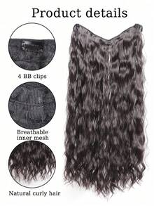 Extensión de peluca sintética con forma de V larga y ondulada, con 4 pinzas resistente al calor, adecuada para mujeres - Negro - Ver 4
