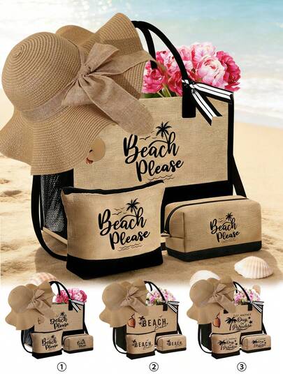 Bộ túi xách nữ chủ đề biển này có logo "Beach Beach" nghệ thuật và họa tiết cây dừa. Bộ sản phẩm bao gồm một túi xách dung tích lớn và hai túi đựng mỹ phẩm. Có thể tái sử dụng như túi mua sắm, túi đựng mỹ phẩm, ví hoặc túi quà tặng ngày lễ.