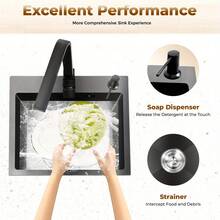 GDAE10 45 * 40 Black Diamond Spüle  + Ein Satz Abfluss + 34 * 23 Schwarzer Abflusskorb + Schwarzer Seifenspender + Schwarzer quadratischer Wasserhahn + 2 * Eckventil für die Küche zu Hause im Restaurant - Schwarz - Übersicht 5