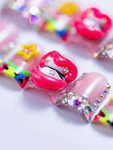 10pcs Handmade Short Duck Bill Press On Nails, Pink Jelly Base, 3D Lips Star Charms, Colorful Edge Design, Crystal Decorated Cute Statement Nails, For Party Vacation Photoshoot Daily Wear Gift For Women Girls Summer Easter - 粉色 - 查看 13