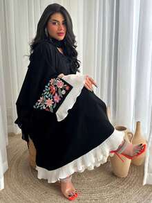 Women's Floral Embroidery Pattern Casual Versatile Daily Wear Abaya - Black - View 4