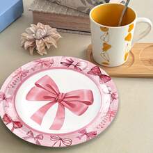 50pcs Pink Bow Birthday Party Themed Disposable Tableware Set, Includes Disposable Plates, Napkins, And Paper Cups , Perfect For Music Festival, New Year's Celebrations,Back-To-School Celebrations - Multicolor - View 5