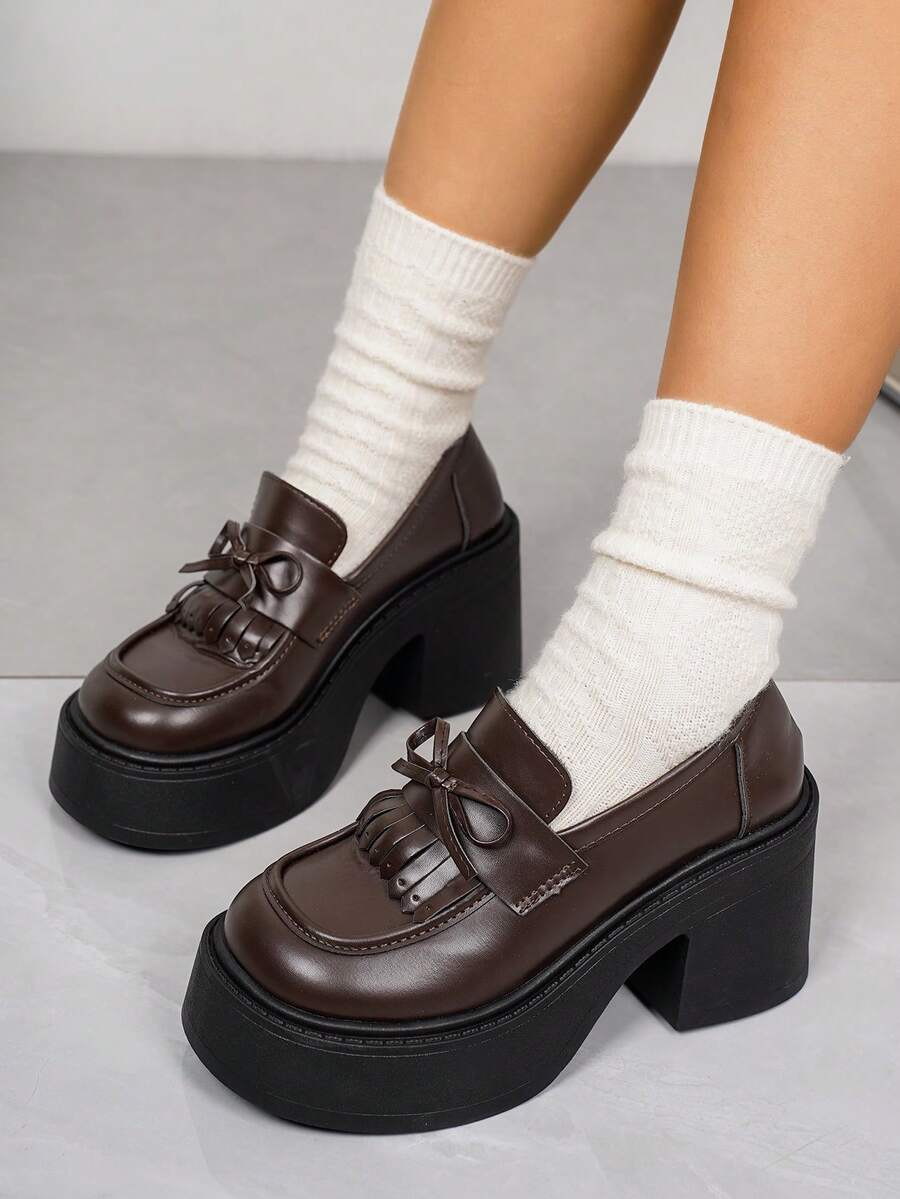 Nouvelles arrivées Femmes Mocassins décontractés de mi-talon noirs avec décoration de nœud papillon, convient pour l'école/le printemps, talons compensés - Tabac - Voir 1