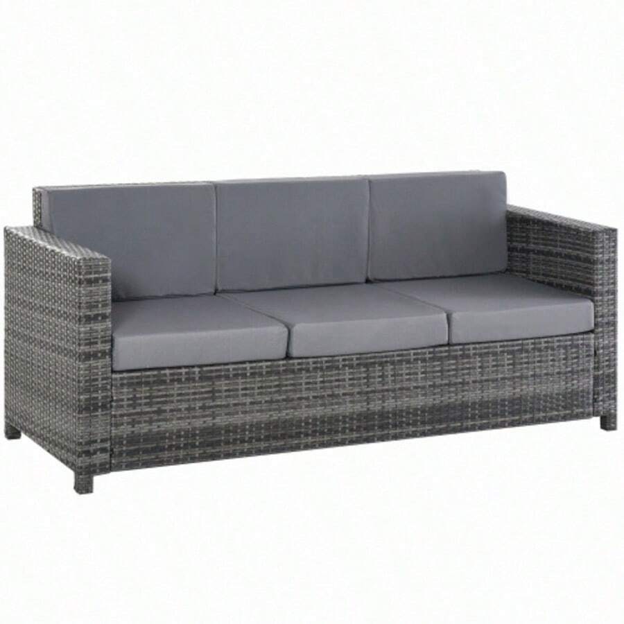 3-Seater Polyrattan Garden Sofa With Cushions, Grey, Metal And Polyester, 185 X 70 X 80 Cm, Ideal For Terrace And Balcony. - 灰色 - 查看 1
