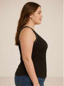 Regata Feminina Canelada Ribana Premium • G1 ao G3 • Alta Elasticidade e Conforto Básica, Confortável e Estilosa  Malhado    Praia  Férias - Preto - Visão 3