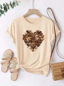 Women's Premium Knit T-Shirt With Heart Detail And Round Neck, 100% Cotton, Comfortable, Women's Fashion - Màu be - Xem 2