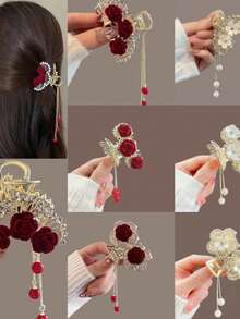 1pc Women's Small Metal Flower Rhinestone Hair Claw Clip, Suitable For Daily Wear - Red - View 5