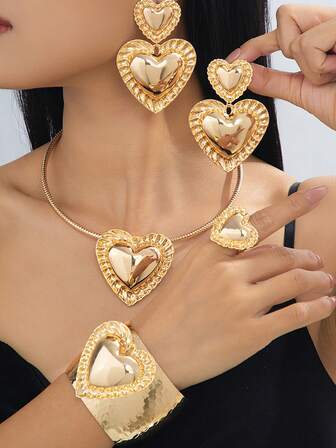 Geometric 3D Heart Pendant Necklace, Earrings, Bracelet, Ring Jewelry Set, Elegant Gift For Women, Party Wear