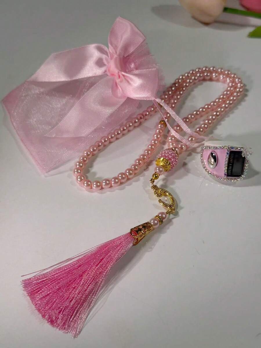 Custom Rhinestone Electronic Counter + 99pcs Pearl Tassel Bracelet + Elegant Bow Candy Bag, 3 PiecesDelicate Set, Suitable For Gifting On Holidays, Daily Prayer, Exercise Counting, Customer Flow Tracking, Business Activities, Etc. - Multicolor - View 1