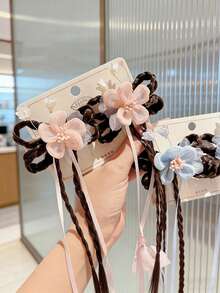 2pcs/Set Girls Fabric Flower Tassel Braided Hair Clips, Ancient Chinese Style Headpiece For New Year, Dance - Multicolor - View 2