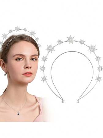 Diadema de princesa de luz de lujo de diosa del sol para fiesta, Diadema de corona de halo de estrella plateada de cristal de diosa para boda, Diadema de novia con lentejuelas, Accesorios de moda para mujer