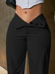 High Waist Solid Color Button Detail Y2K Music Festival Cargo Pants - Black - View 3