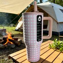 [Valentine Gift]Hydrojugg Original Traveler 40OZ Double Wall Stainless Steel Car Mug With Handle Straw Stainless Steel Water Bottle, Leak-Proof Design, With Rubber Base - Suitable For Sports, Travel, Outdoor Activities, Fitness, Office Environment, As Teacher Gifts, Valentine's Day Gifts, Birthday Gifts, Thanksgiving Gifts, Christmas Gifts, Halloween Gifts, Halloween Party Favors, Party Supplies, Etc. - Pink Plaid - View 3