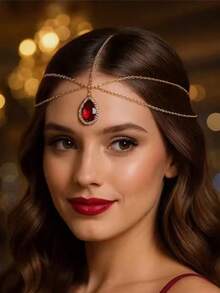 1pc Fashionable & Elegant Women's Red Crystal Forehead Chain, Sexy For Nightclub, Party, Ball, Headpiece, Head Jewelry - Gold - View 1