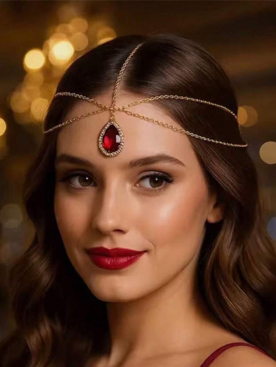 1pc Fashionable & Elegant Women's Red Crystal Forehead Chain, Sexy For Nightclub, Party, Ball, Headpiece, Head Jewelry - Gold - View 1