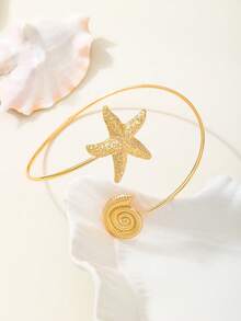1pc Unique Metal Seashell Cuff Bracelet, Suitable For Women To Wear On Vacation - Golden - View 4