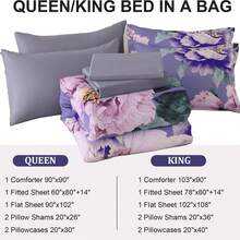 7 Piece Purple Pink Floral Comforter Set Full/Queen/King Size Bed In A Bag,Flowers Printed On Light Comforter Set With Sheets, Soft Microfiber Botanical Bedding Set For Wedding Items,Home Bed Room Decor,Easter Gifts,Mothers Day Gift,All Season - Tím Hồng 1550 - Xem 7