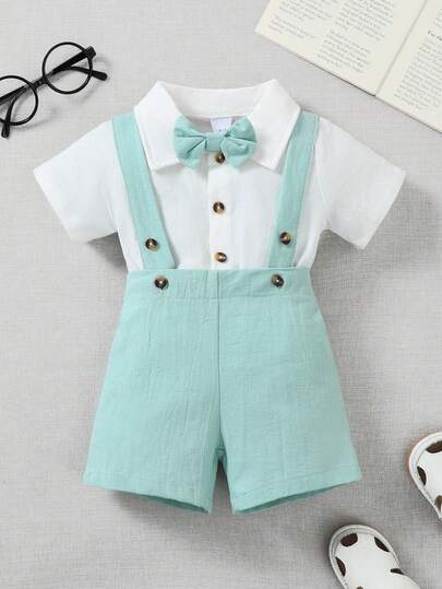 男婴纯棉休闲套装，包括带领短袖衬衫、领结和背带短裤，适合日常穿着、聚会和户外活动。