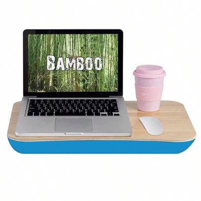 Laptop Lapdesks, Portable Bamboo PC Table Lap Tray Workstation, Lightweight Desk With AntiSlip Support Ledge And Foam Filled Fleece Cushion Fit For Homework Drawing Reading More, Blue