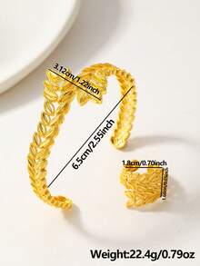 2pcs Fashionable Hollow Wheat Leaf Design Bracelet & Ring Set, Suitable For Daily Wear, Middle East Specific - Yellow Gold - View 9