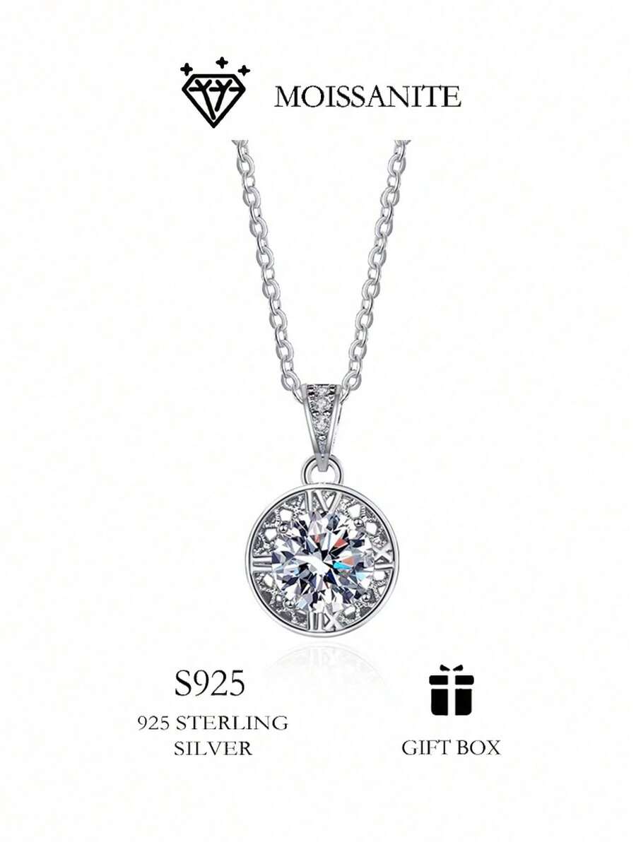 1CT Moissanite S925 Sterling Silver Necklace, Round Inner Mesh Pendant - Gift For Women, Daily Fashion Jewelry