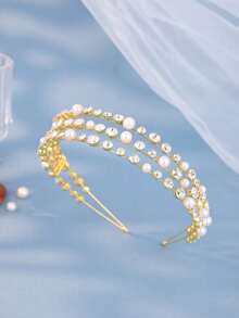 1 pièce Serre-tête élégant en perles et strass, accessoire de coiffure à la mode à plusieurs niveaux pour mariée, décoration de coiffure de mariage - Multicolore - Voir 5