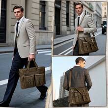 NEWHEY 男士15.6英寸公文包，PU皮革笔记本电脑包，大容量，防水，适合工作、商务和旅行 - 彩色 - 查看 9