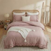 Pink Cotton Ruffled Comforter Set Queen, Vintage Shabby Chic Farmhouse Bedding Set Coquette Aesthetic French Country Comforter - Red Bean Paste Powder - View 6