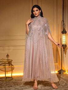 Elegant Long Robe, Stand Collar, Batwing Sleeves, Woven Fabric, Decorated With Delicate Embroidery Details. - Coral Pink - View 5