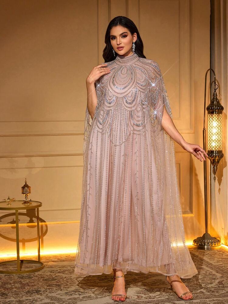 Solessence Elegant Long Robe, Stand Collar, Batwing Sleeves, Woven Fabric, Decorated With Delicate Embroidery Details. - Coral Pink - View 6