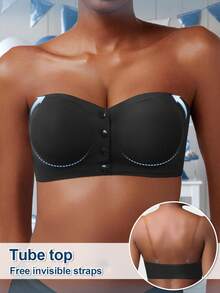 Black Glossy Push-Up Bra, Bandeau Style Design, Front Opening, Strapless, Lifting And Shaping Bust, Breathable And Stylish Back Design, Suitable For Daily Wear - Black - View 2