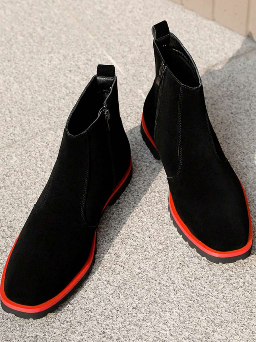 Men's High-Top Leather Pigskin Chelsea Boots, Suede Minimalist Motorcycle Boots, Black - Black - View 1