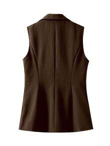 女士条纹拼接单扣常规款西装背心，纯色口袋纽扣，适合春季办公室穿着 - 咖啡棕 - 查看 5