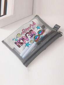 Large-Capacity Transparent Mesh Makeup Bag With"Beach Please" Pattern, Portable Travel Makeup Storage Bag, Colorful Beach-Themed Storage Bag With Zipper Closure,Makeup Bag, Skincare Bag,Portable Storage For Vacations And Travel, Summery Theme - Multicolor - View 3